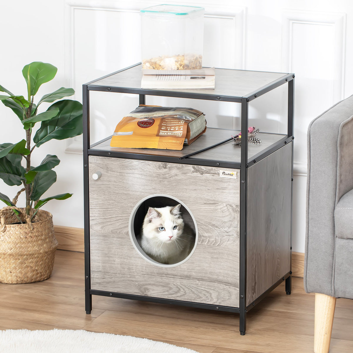 Wooden Cat House Bed with Washable Cushion