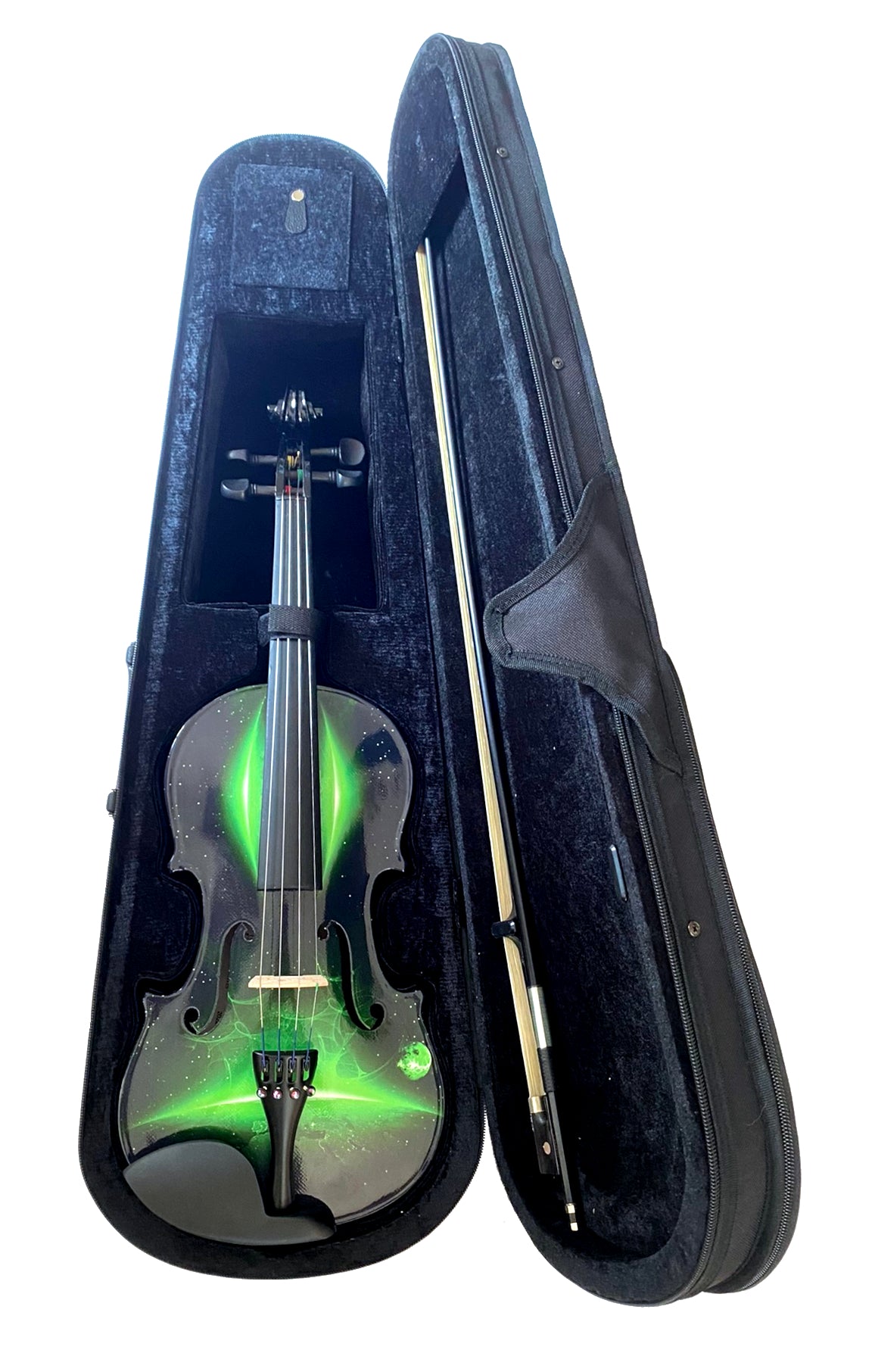 Neon Green Galaxy Ride Violin Outfit | Carbon Fiber Bow & Crystal